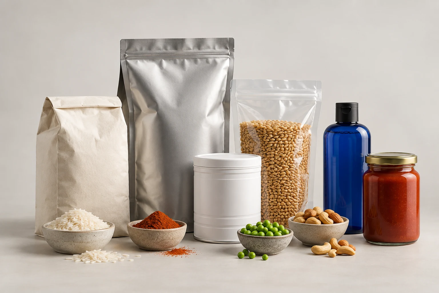 Illustrative pouches, containers and bottles alongside rice, spices, peas and nuts